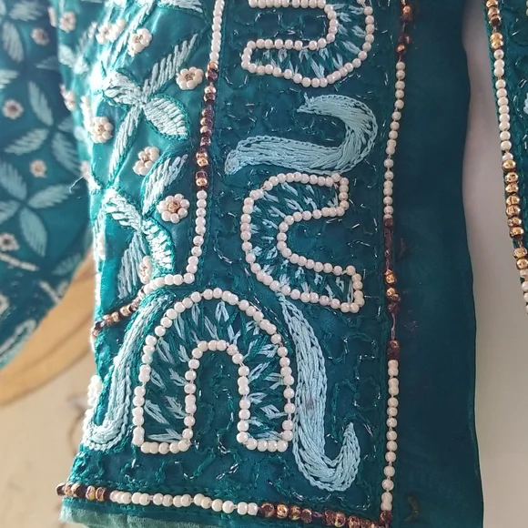 BEAUTIFUL Embroidery Beaded Ethnic Turquoise Silk SS Vintage Crop Top Jacket - Picture 5 of 16